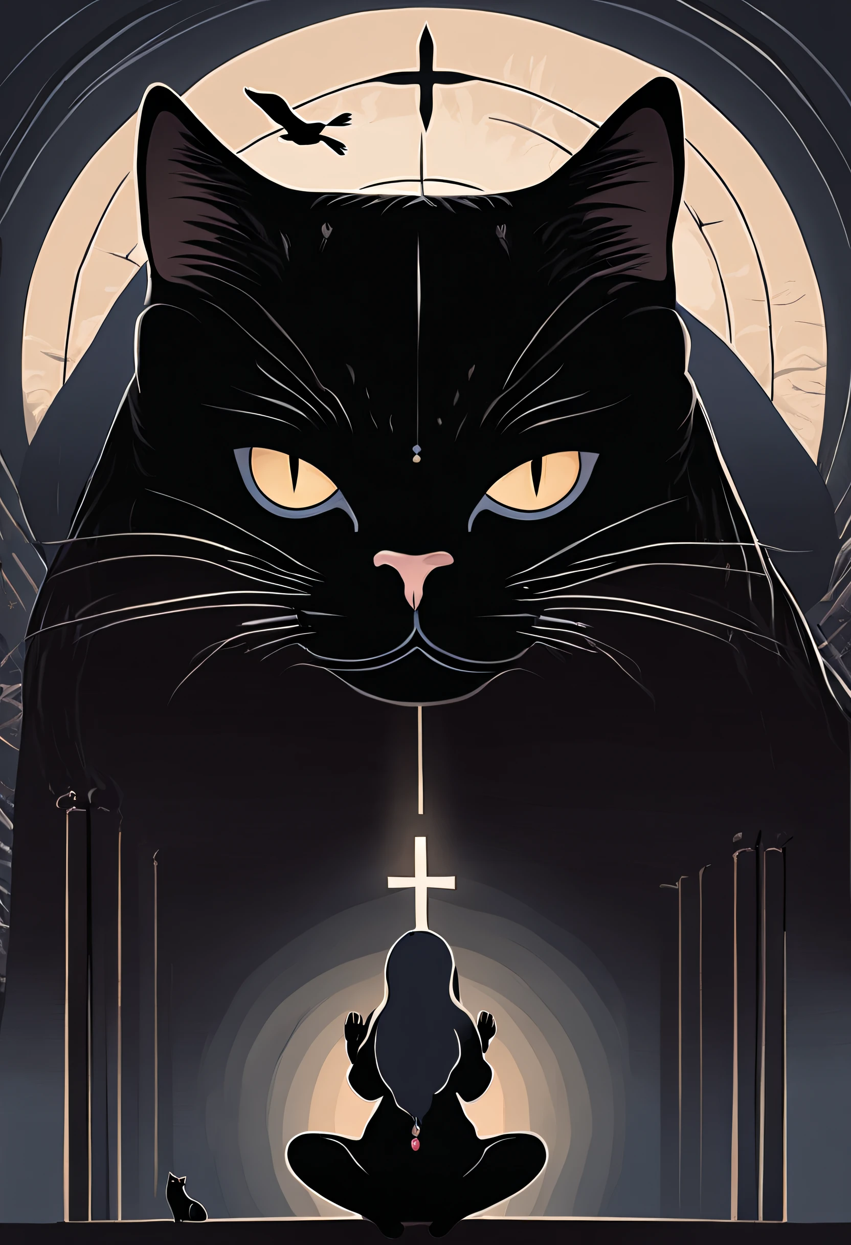 spiritual　praying person and black cat