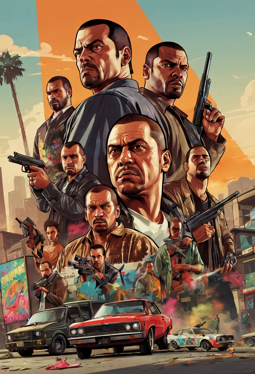Grand Theft Auto,grand theft auto ,Doubleexposure,filmposter,Detailed facial expressions,retro artstyle、dangerous weapons、Graffiti and Street Art、(best quality,4k,highres,masterpiece:1.2),ultra-detailed,realistic。