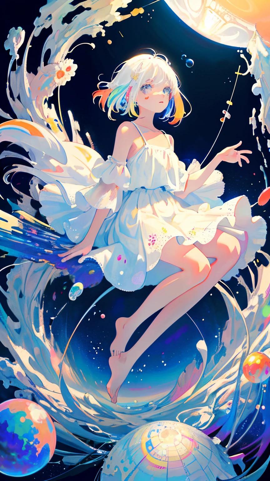 (masterpiece, best quality:1.2), (ultra detailed),(illustration), wallpaper, original,
1girl, messy white hair, spaghetti strap, white dress, bare legs, bare feet, bare arms, space, Earth background, near-earth orbit, full body,
,(surrounded by colorful splashes and dot),colorful bubble,(shining)