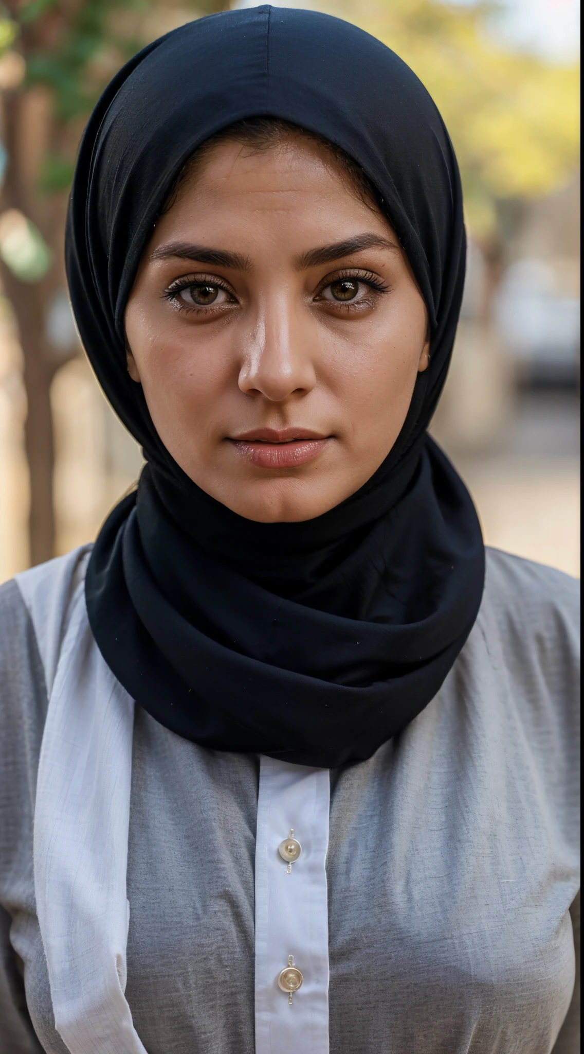 an Iranian woman without a headscarf (hijab), approximately 45 years old, not too thin or too overweight, looking directly at the camera, her face fully facing the camera, and with hazel eye color