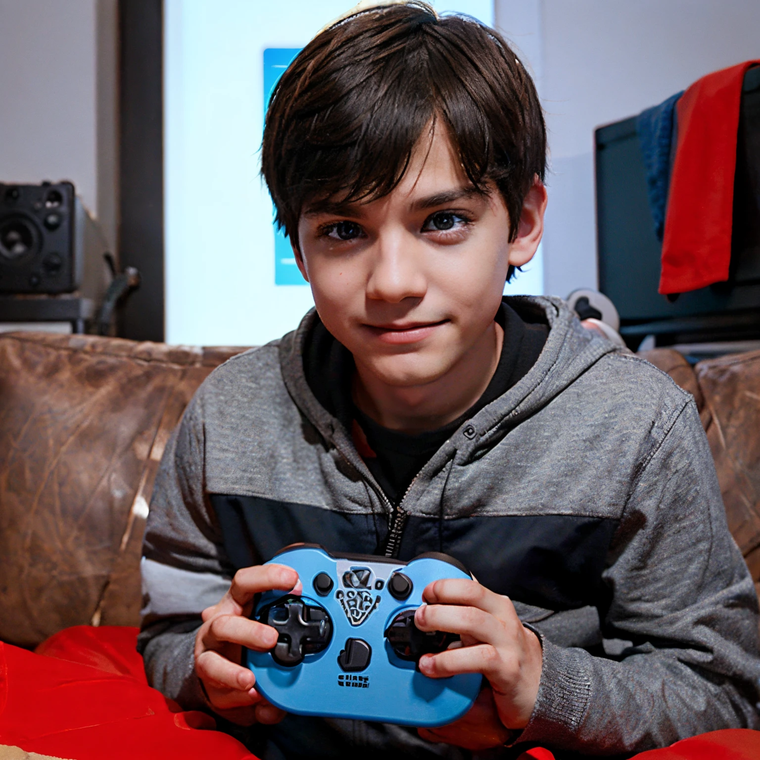 A boy is holding a controller happily