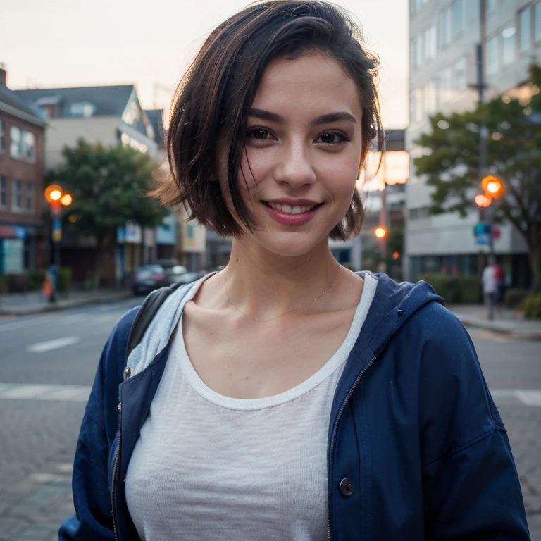 (8k RAW photo,best quality, masterpiece:1.2), (realistic,photo-realistic:1.37), omertosa, 1girl, city, professional lighting, photo mapping,radiosity, physically-based rendering, blue backlight bokeh, smile, mature, head portrait, sunlight, blone, short jacket, school uniform, hoodie, short hair, floating hair,