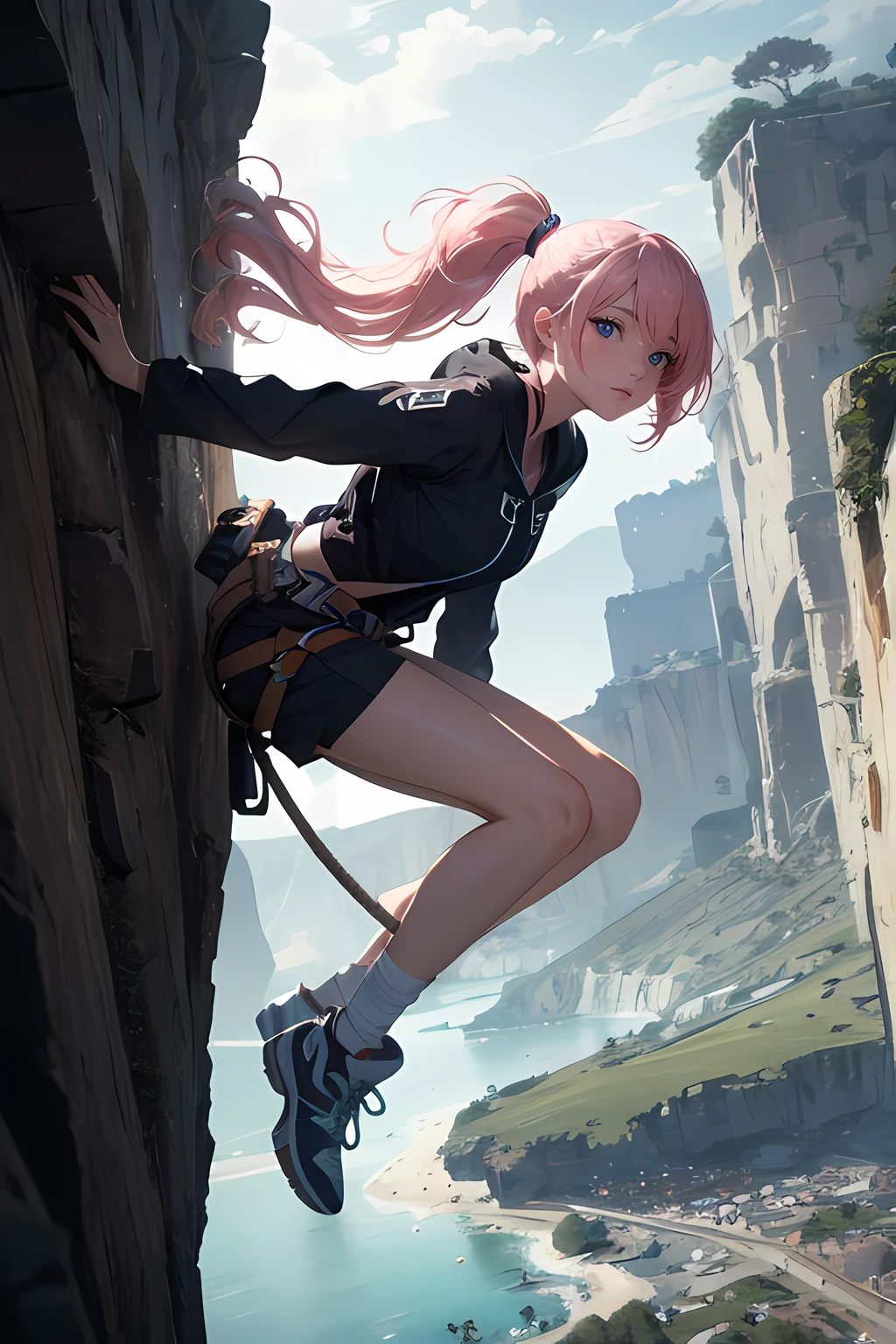 (masterpiece), (best quality full body), 1female, doing wall climbing on a cliff, side view, (long_ponytail pink color hair:1.21), (hair over one eye:1.23), wearing climbers_wear, wearing climbing_shoe, hanging on a cliff, holding on a rope, detailed beautiful eyes, detailed gorgeous face, perfect anatomy, very cute, dynamic pose, perfect shading, dramatic lighting, rendered in 8K resolution for high-quality detail, concept art, smooth, sharp focus, illustration, highly detailed, soft natural volumetric, cinematic perfect light, intricate details, PIXIV, krenzcushart,