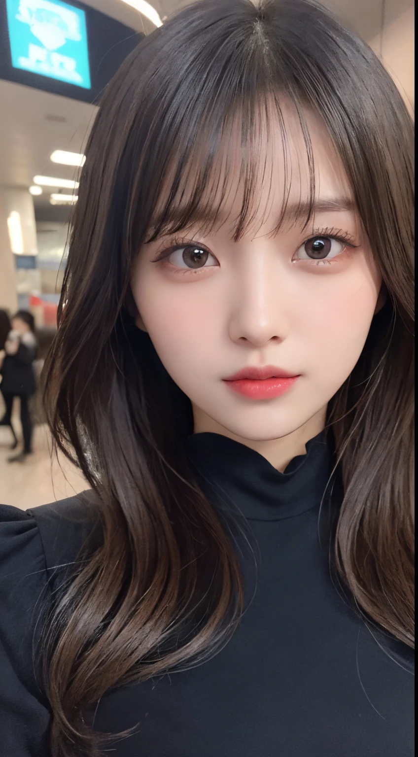 masutepiece, Best Quality, Illustration, Ultra-detailed, finely detail, hight resolution, 8K Wallpaper, Perfect dynamic composition, Beautiful detailed eyes, Black Long Sleeve Dress,Straight hair, Natural Color Lip, Bold sexy poses、20 years girl、Cute,Take close-up photos of your face,Sexy face,Face of sexual excitement at climax、Blur the background,Perfect and beautiful face,Facial expressions inviting a man,the met,Anatomically correct body,Blur the background