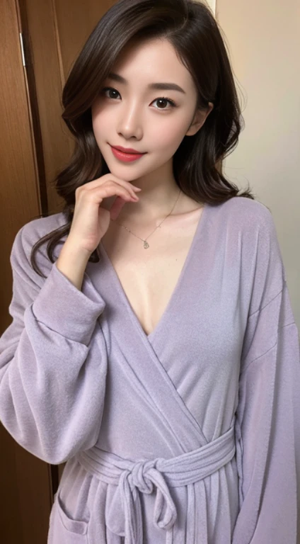 A woman with the same face as last time,1Man Woman、Slender Abs、Loose wavy styling、Please express it beautifully in every detail.、Agra、bath robe, Including face and skin texture.,Detailed eyes,Seducting look、full body Esbian