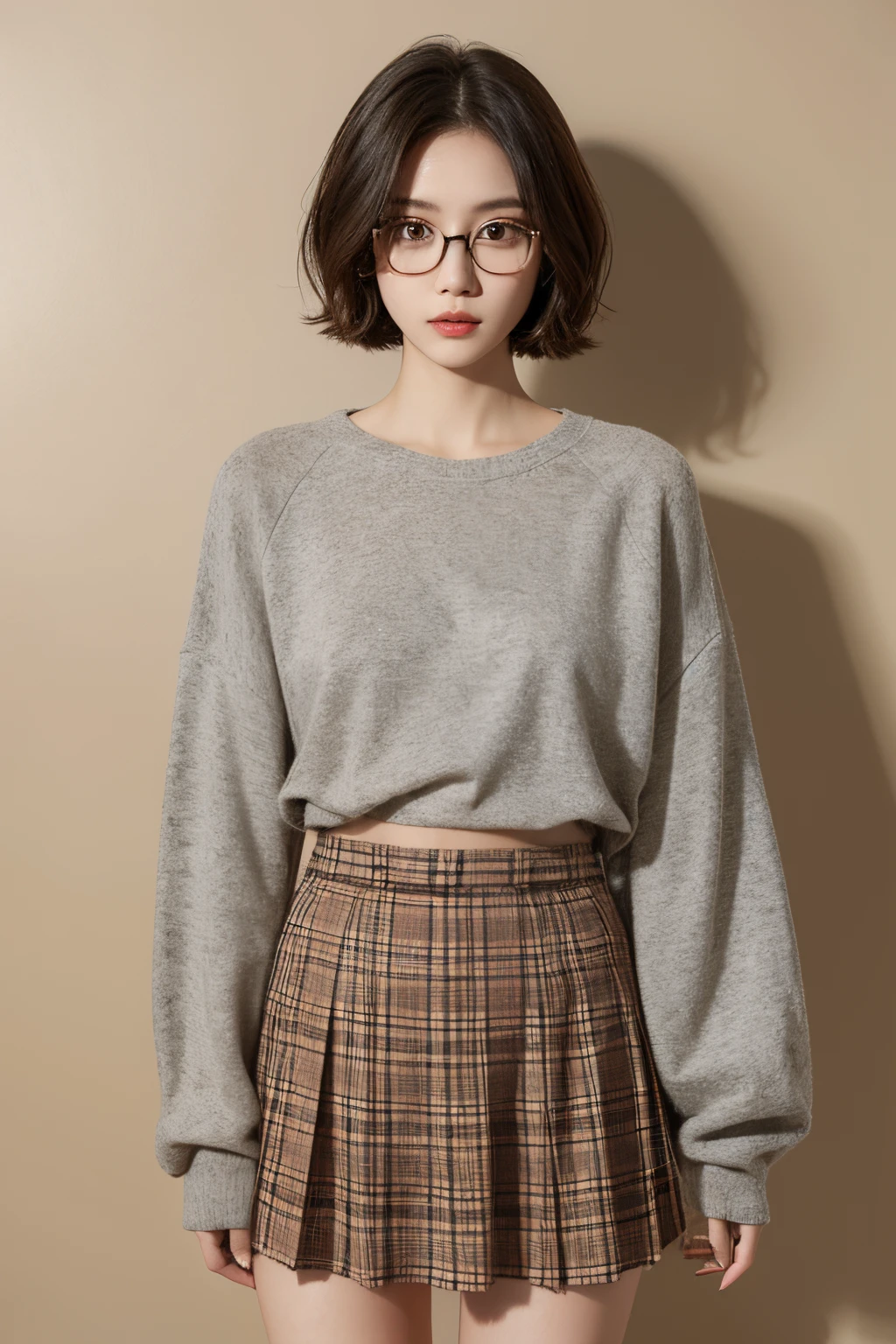 short detailed hair,whaite hair,with glasses,largeeyes,Wear a plaid skirt,A long-sleeved top,Smoked
