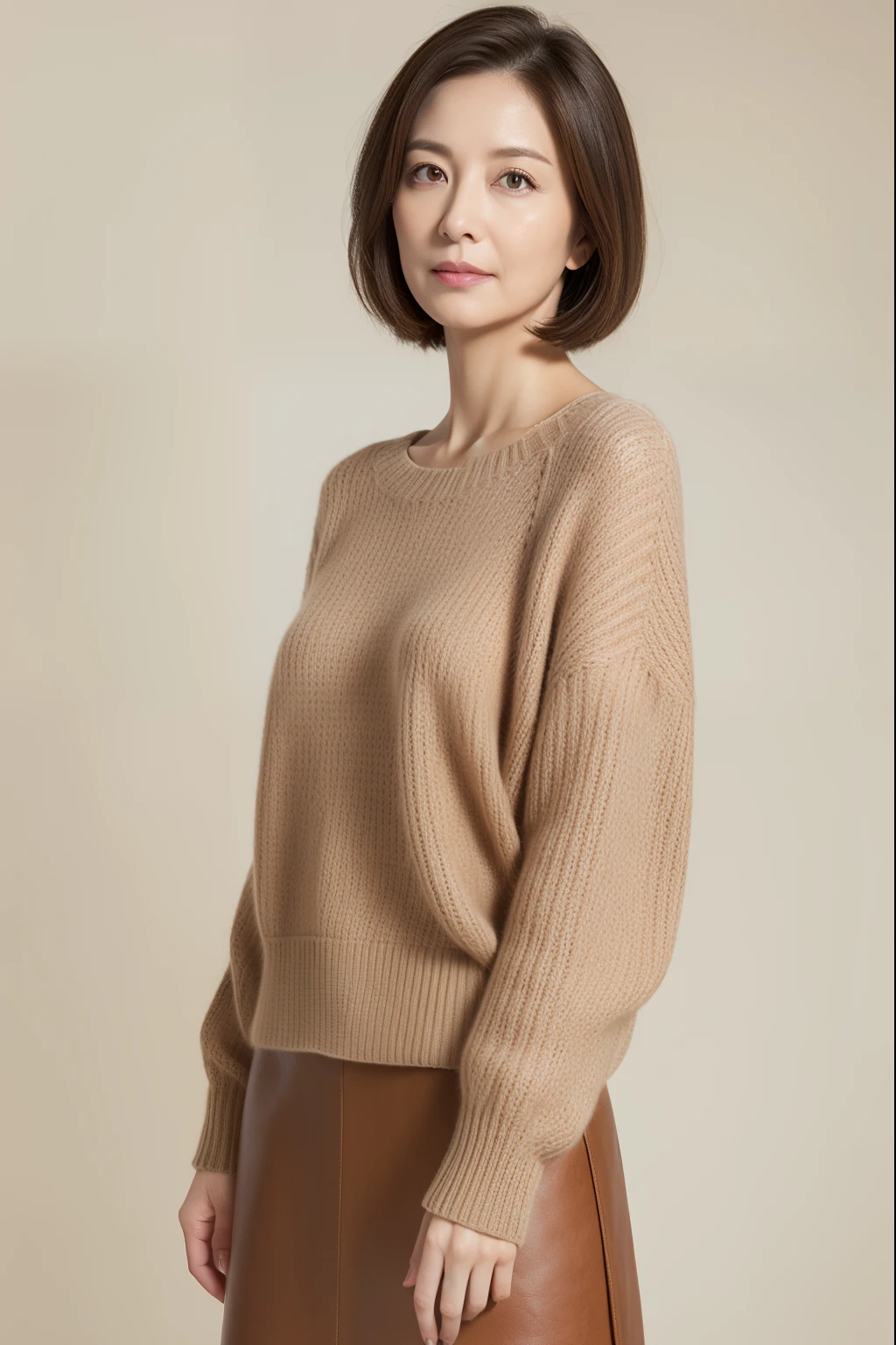 masuter piece, top-quality, masterpiece, hight resolution, Photorealsitic, Raw photography, 8k wallpaper, flawless, profetional lighting, ighly detailed, depth of fields,Pale solid color background, ((One beautiful woman)), ((70yo)), Female sexy, Detailed face, beautidful eyes, bangss, small breasts of good shape, light brown straight short hair, Faint lips, ((stand facing forward、Staring at the viewer, serious face eyes.)),Sweaters, skirt by the, foot out of frame