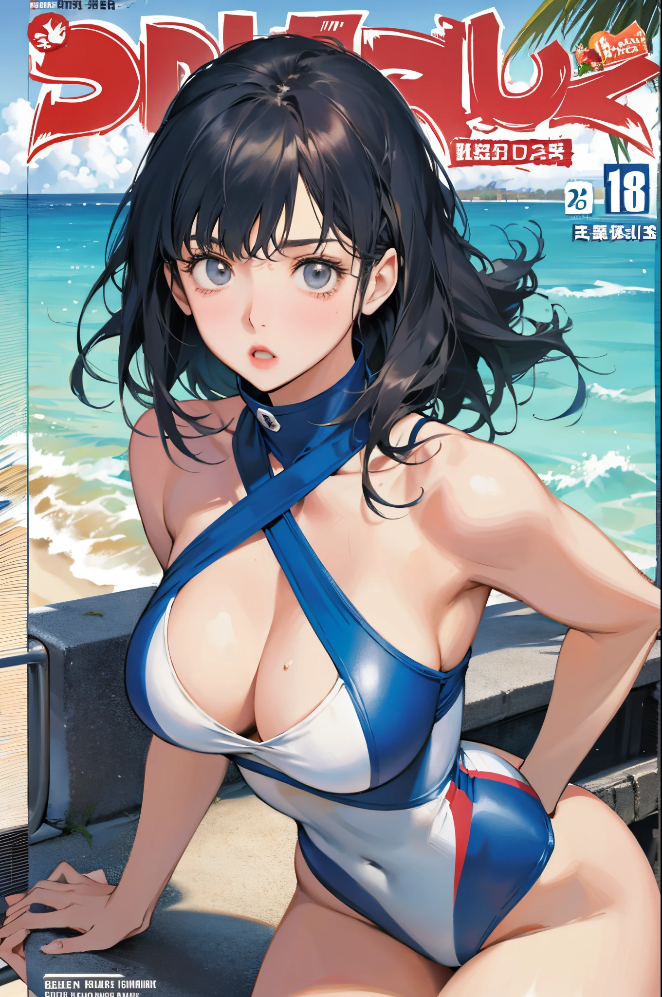 Ayaka Kamisato,Summer one-piece swimsuit,Slim and healthy body shape,Colossal tits,Ocean park,The curve obvious,a fitness girl,Fleshy thighs,Comic cover style,Comic title,cute big breasts,Ocean park