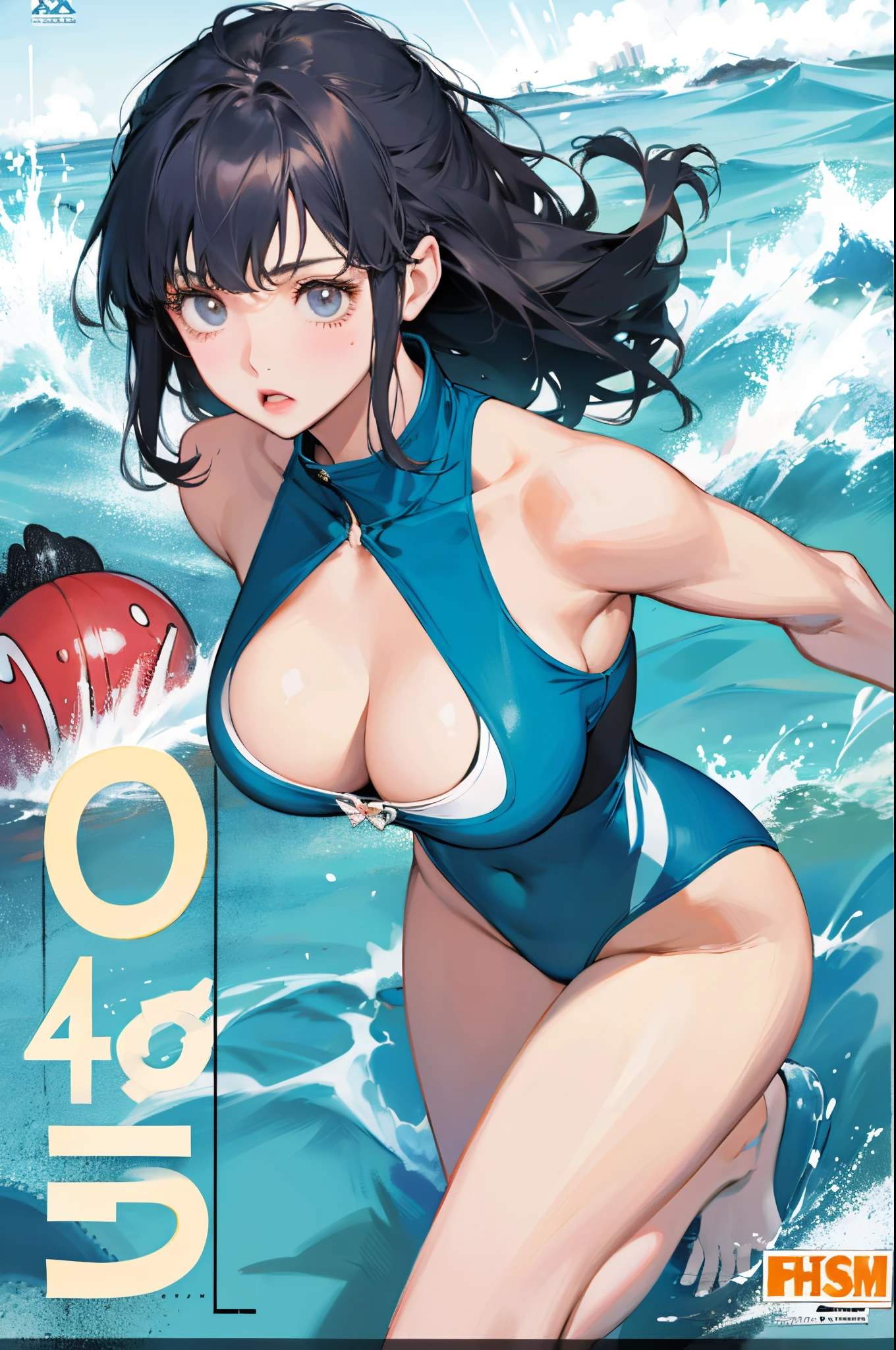 Ayaka Kamisato,Summer one-piece swimsuit,Slim and healthy body shape,Colossal tits,Ocean park,The curve obvious,a fitness girl,Fleshy thighs,Comic cover style,Comic title,cute big breasts,Ocean park