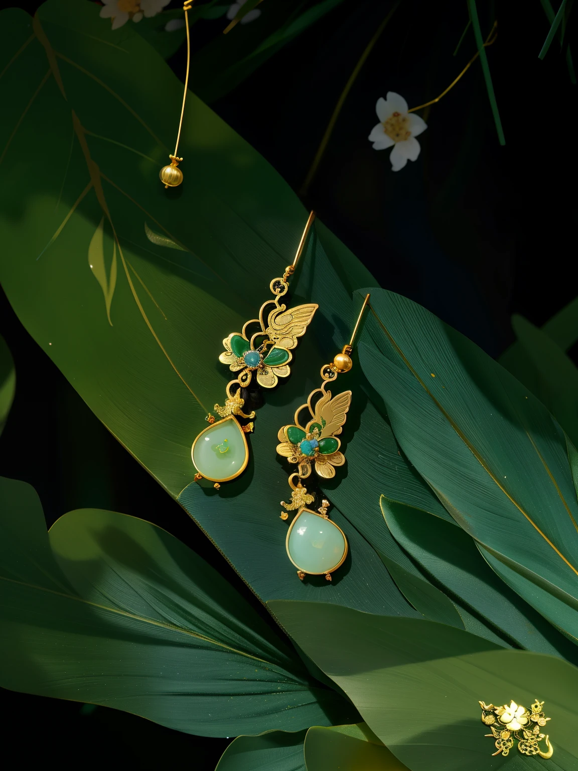 have a pair of earrings,There a butterfly on it, inspired by Cui Bai, glass、gold、jade, inlaid gemstones, 耳?????? Ring, inspired by Wang Mian, cloisonne, 耳?????? Ring, 耳?????? Ring, Inspired by Zhang Daqian, In line with ancient Chinese aesthetics, inspired by Dai Xi, Inspired by Luo Mu, Inspired by Wang Guxiang