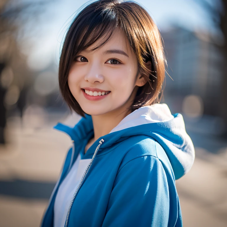 (8k RAW photo,best quality, masterpiece:1.2), (realistic,photo-realistic:1.37), omertosa, 1girl, city, professional lighting, photo mapping,radiosity, physically-based rendering, blue backlight bokeh, smile, mature, head portrait, sunlight, blone, short jacket, school uniform, hoodie, short hair, floating hair,