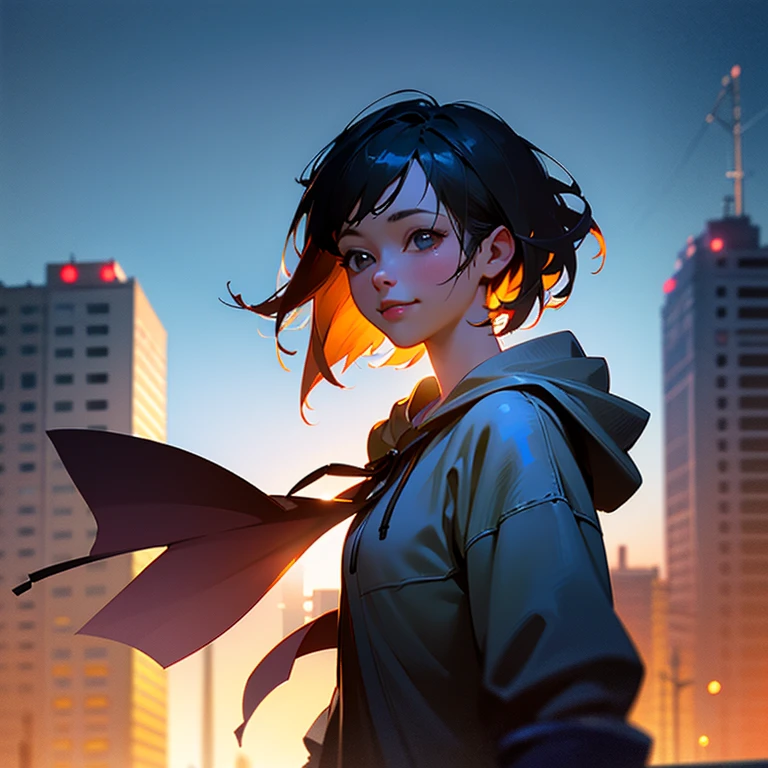 (8k RAW photo,best quality, masterpiece:1.2), (realistic,photo-realistic:1.37), omertosa, 1girl, city, professional lighting, photo mapping,radiosity, physically-based rendering, blue backlight bokeh, smile, mature, head portrait, sunlight, blone, short jacket, school uniform, hoodie, short hair, floating hair,