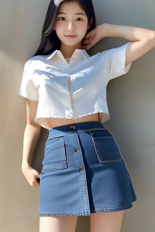 An ultra-high picture quality、Perfect Photo、18-year-old beautiful girl、Japan beautiful girl、Female college student、light skinned、slender、Beautuful Women、(Underdeveloped midthorax)、(tiny chest)、(((The shirt)),(((Denim Mini Skirt)))、Raised mini skirt、sports hair、