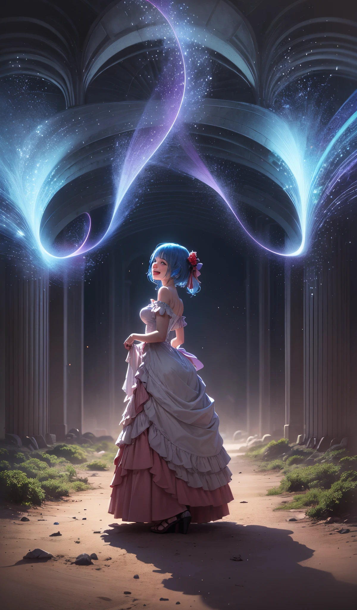 Faraway view、landscapes、vanishing point、Outrageous resolution、hight resolution、ultra-detailliert、The upper half the sky、Below the ground、Bright atmosphere、Fantasia、clean blue sky、sunlight shining、Lots of star beautiful lighting、Bright lighting、Soft lighting、Lots of shining magic lights、In the center stands a girl in blue hair and red dress, The surrounding skyscrapers are in ruins、The forest also laughing happily --auto --s2
