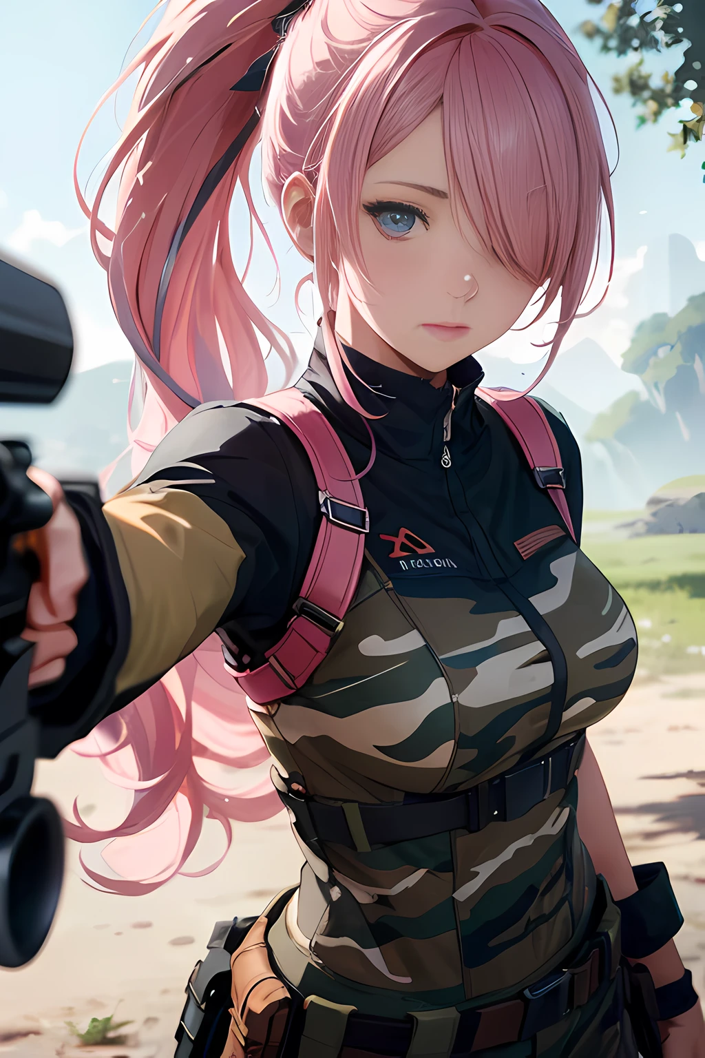 (masterpiece), (best quality cowboy_shot), 1female aiming with a rifle, (long_ponytail pink color hair:1.21), (hair over one eye:1.23), one eye on the rifle_scoop, wearing camo clothes, lying on ground, detailed beautiful eyes, detailed gorgeous face, perfect anatomy, very cute, dynamic pose, perfect shading, dramatic lighting, rendered in 8K resolution for high-quality detail, concept art, smooth, sharp focus, illustration, highly detailed, soft natural volumetric, cinematic perfect light, intricate details, PIXIV, krenzcushart,