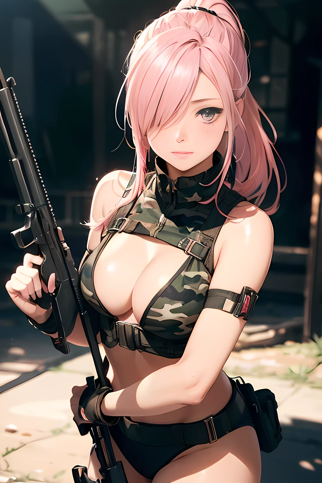 (masterpiece), (best quality cowboy_shot), 1female aiming with a rifle, (long_ponytail pink color hair:1.21), (hair over one eye:1.23), one eye on the rifle_scoop, wearing camo clothes, lying on ground, detailed beautiful eyes, detailed gorgeous face, perfect anatomy, very cute, dynamic pose, perfect shading, dramatic lighting, rendered in 8K resolution for high-quality detail, concept art, smooth, sharp focus, illustration, highly detailed, soft natural volumetric, cinematic perfect light, intricate details, PIXIV, krenzcushart,