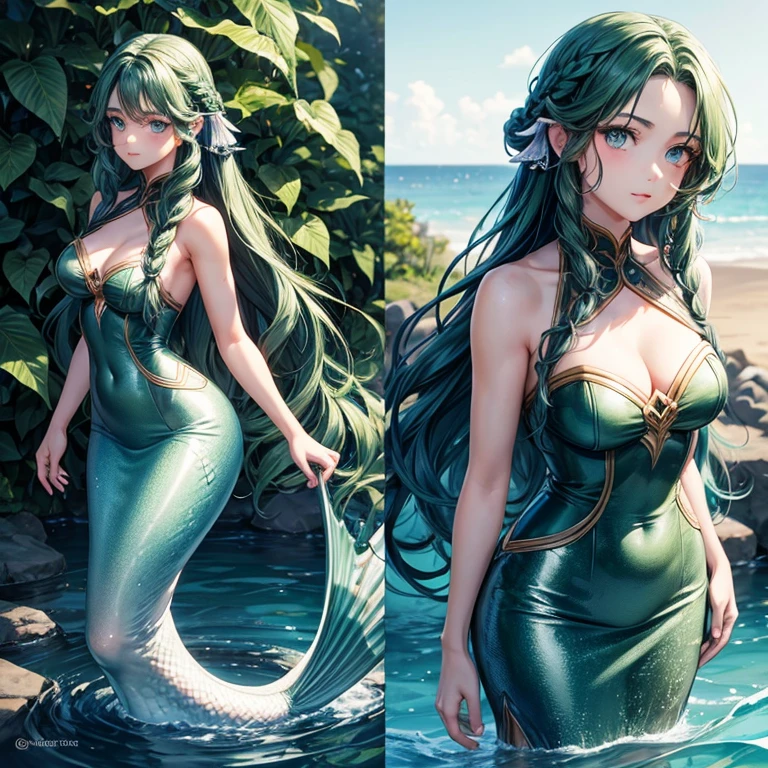 ( detailed face)Full body mermaid Single female with legs. (Dark green) wavy hair( braided ). Standing up (facing forward).  Blue eyes.