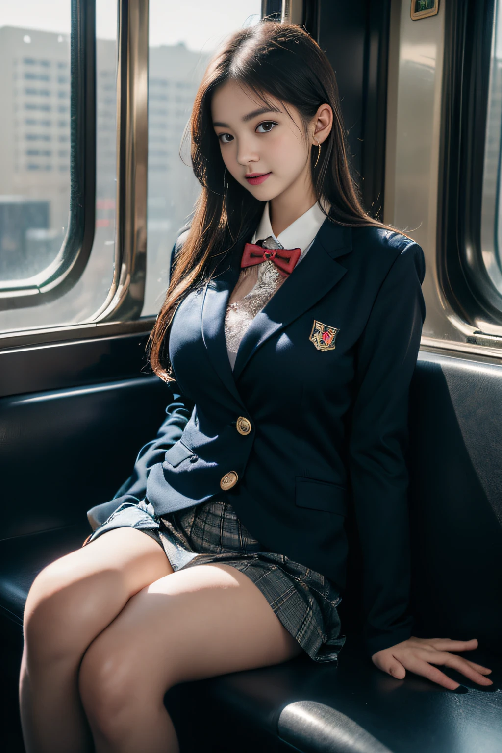 ((Female student sitting on a train seat ))，Charming eyes，Heartwarming action，Turn your face away from the camera，stooped，Bend over，turn back，Look up at your head，thick and long black hair，Highly detailed body，Highly detailed face，best qualtiy、(P boobs iNK underwear),(High School Girls),((White Blazer、emblem on breasts))、((Translucent blouse)),((red bowtie)),((navy check flare skirt)),(Black stockings)、((Outside the window, Hazy skyscrapers)),((White lace panties are visible))