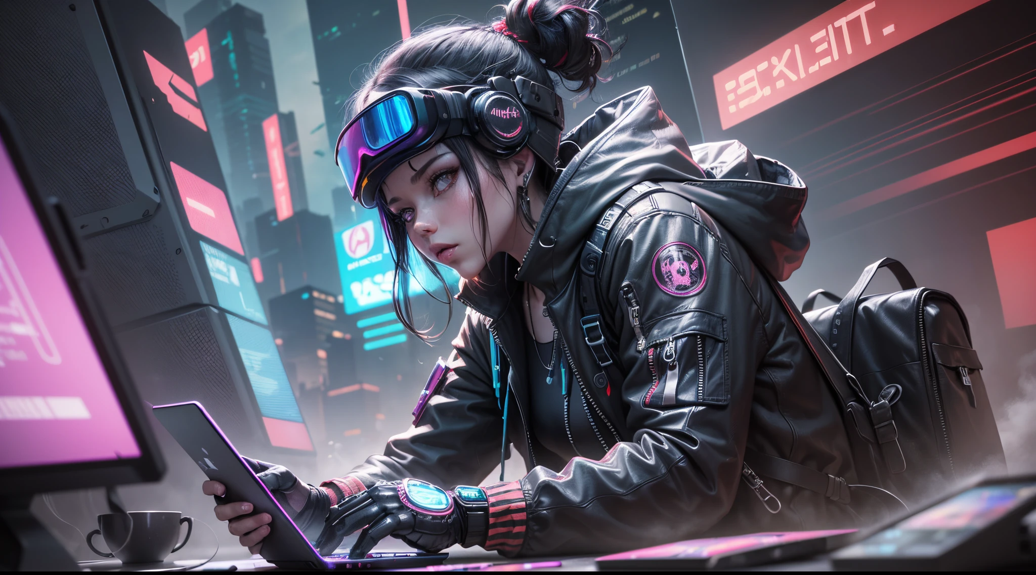 Illustration of a cyberpunk hacker in a virtual reality setting, surrounded by holographic code, futuristic UI, and virtual landscapes, Surreal Cyberpunk Art Style, Influenced by Deviantart and Ghost in the Shell anime, Camera: POV, Lens: Augmented Reality Lens, Render Style: Isometric Assets, 4K resolution, (((Cyberpunk))) --auto --s2