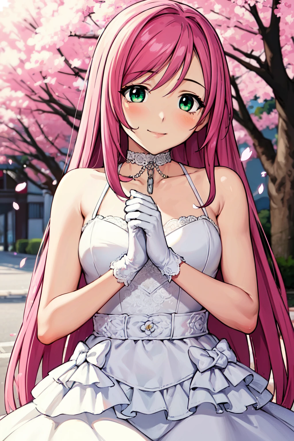 1 girl, Long pink hair, Green eyes with long slit pupils, Small breasts, ​master piece, Best Quality,  Proportional body, Proportional, Wedding Dresses, white wedding dress, Long skirt, Wedding, Under the cherry blossom tree background, Cherry blossom petals are falling, Sitting, plein air, Wedding, Upper body, The sky is beautiful, Both hands hold a bouquet of flowers, White Gloves, (light_Smile:1.5), (Detailed hands and fingers:1.2)