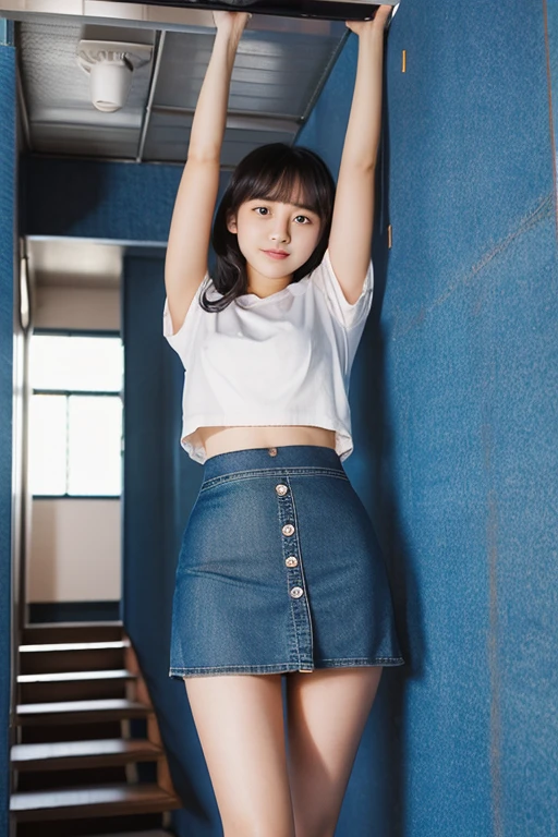 An ultra-high picture quality、Perfect Photo、18-year-old beautiful girl、Japan beautiful girl、Female college student、light skinned、slender、Beautuful Women、(Underdeveloped midthorax)、(tiny chest)、(((The shirt)),(((Denim Mini Skirt)))、Raised mini skirt、climb on a stepladder、