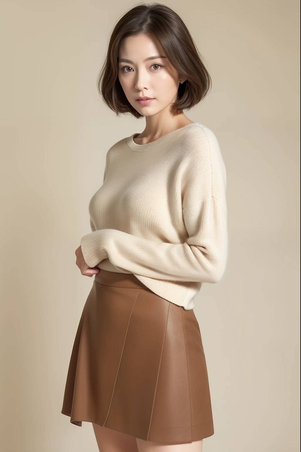 masuter piece, top-quality, masterpiece, hight resolution, Photorealsitic, Raw photography, 8k wallpaper, flawless, profetional lighting, ighly detailed, depth of fields,Pale solid color background, ((One beautiful woman)), ((90 years old)), Female sexy, Detailed face, beautidful eyes, bangss, small breasts of good shape, light brown straight short hair, Faint lips, ((stand facing forward、Staring at the viewer, serious face eyes.)),Sweaters, skirt by the, foot out of frame