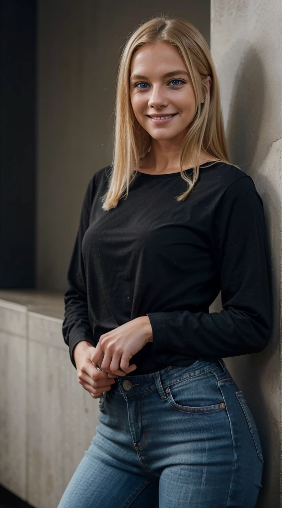 smiling woman with blonde hair and blue eyes wearing a black shirt and jeans, this person does not exist, entire person visible, probably in her 30s, extremely dynamic person, photo of a woman, mid-30s, mid - 3 0 s, amanda lilleston, taken in the early 2020s, entire body visible