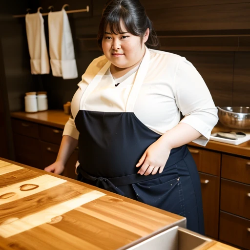 Super obese female clerk、300 lbs very obese、Very obese Japanese woman with monster big breasts in her 50s with brown hair., Apron Ultra-obesity