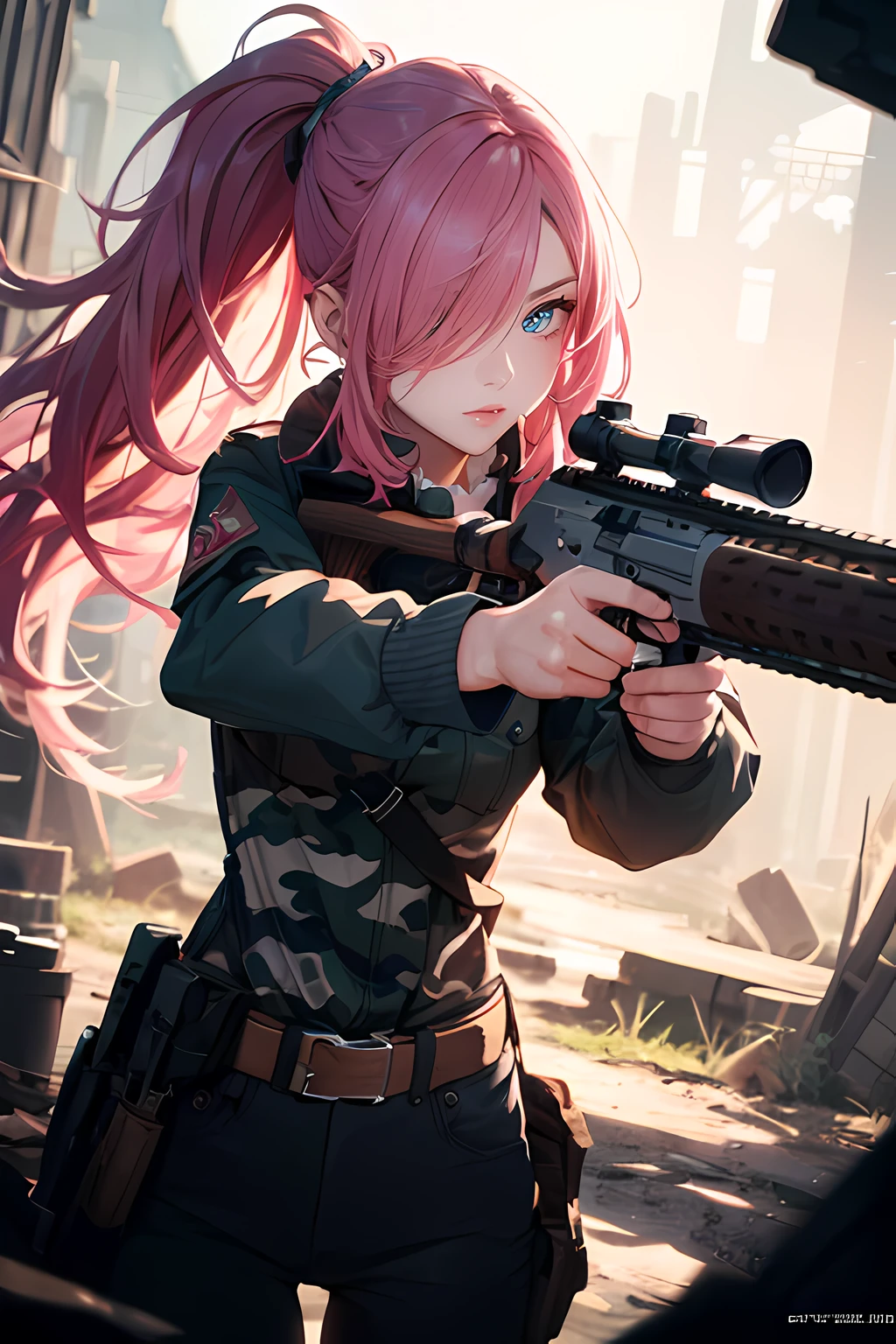 (masterpiece), (best quality cowboy_shot), 1female aiming with a rifle, (long_ponytail pink color hair:1.21), (hair over one eye:1.23), one eye on the rifle_scoop, wearing camo clothes, lying on ground, detailed beautiful eyes, detailed gorgeous face, perfect anatomy, very cute, dynamic pose, perfect shading, dramatic lighting, rendered in 8K resolution for high-quality detail, concept art, smooth, sharp focus, illustration, highly detailed, soft natural volumetric, cinematic perfect light, intricate details, PIXIV, krenzcushart,