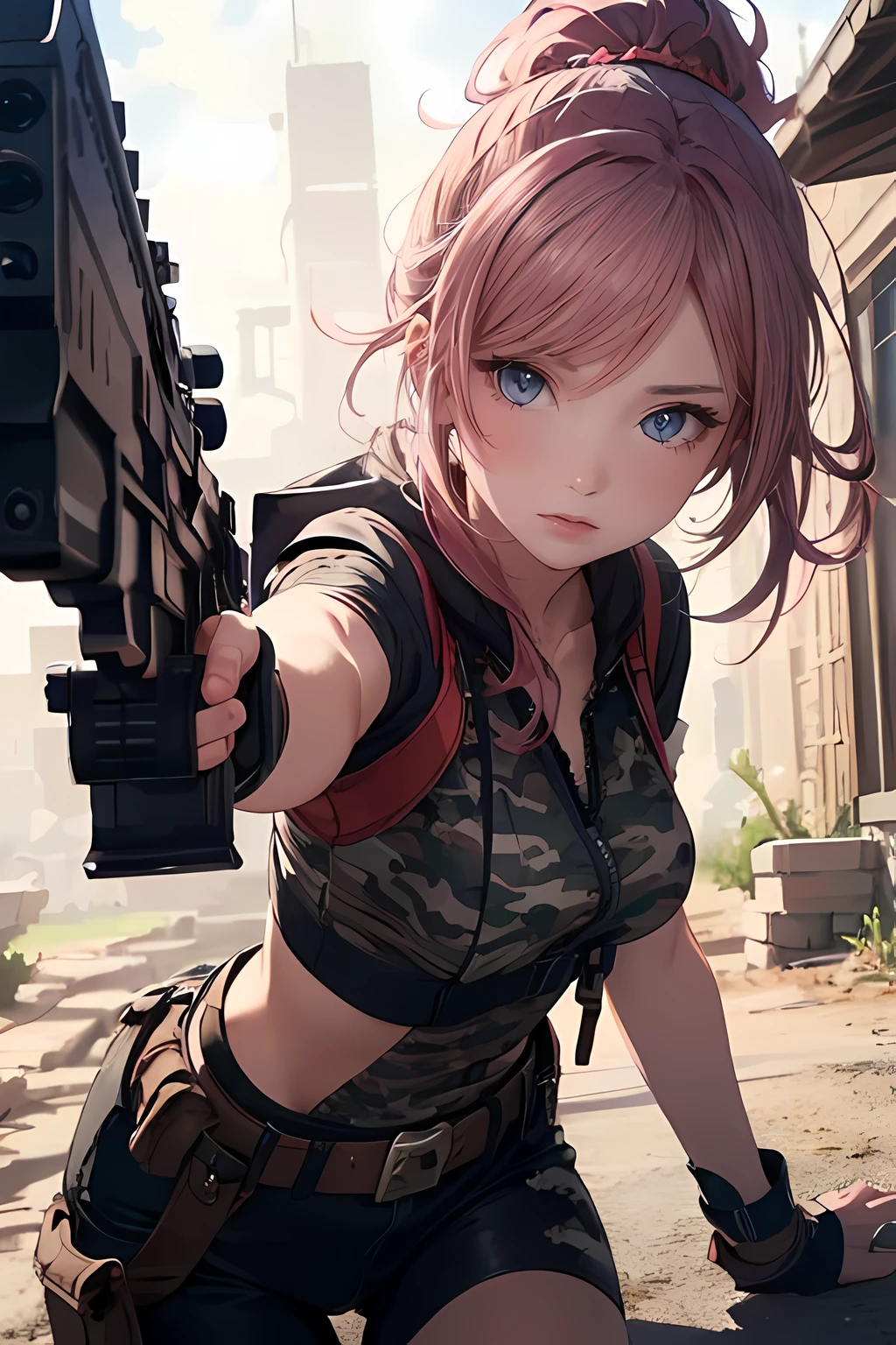 (masterpiece), (best quality cowboy_shot), 1female aiming with a rifle, long_ponytail pink color hair, one eye on the rifle_scoop, wearing camo clothes, lying on ground, detailed beautiful eyes, detailed gorgeous face, perfect anatomy, very cute, dynamic pose, perfect shading, dramatic lighting, rendered in 8K resolution for high-quality detail, concept art, smooth, sharp focus, illustration, highly detailed, soft natural volumetric, cinematic perfect light, intricate details, PIXIV, krenzcushart,