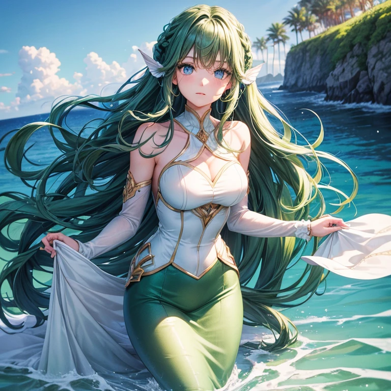 ( detailed face) mermaid Single female with legs. (Dark green) wavy hair( braided ). Standing up (facing forward).  Blue eyes. White clothes