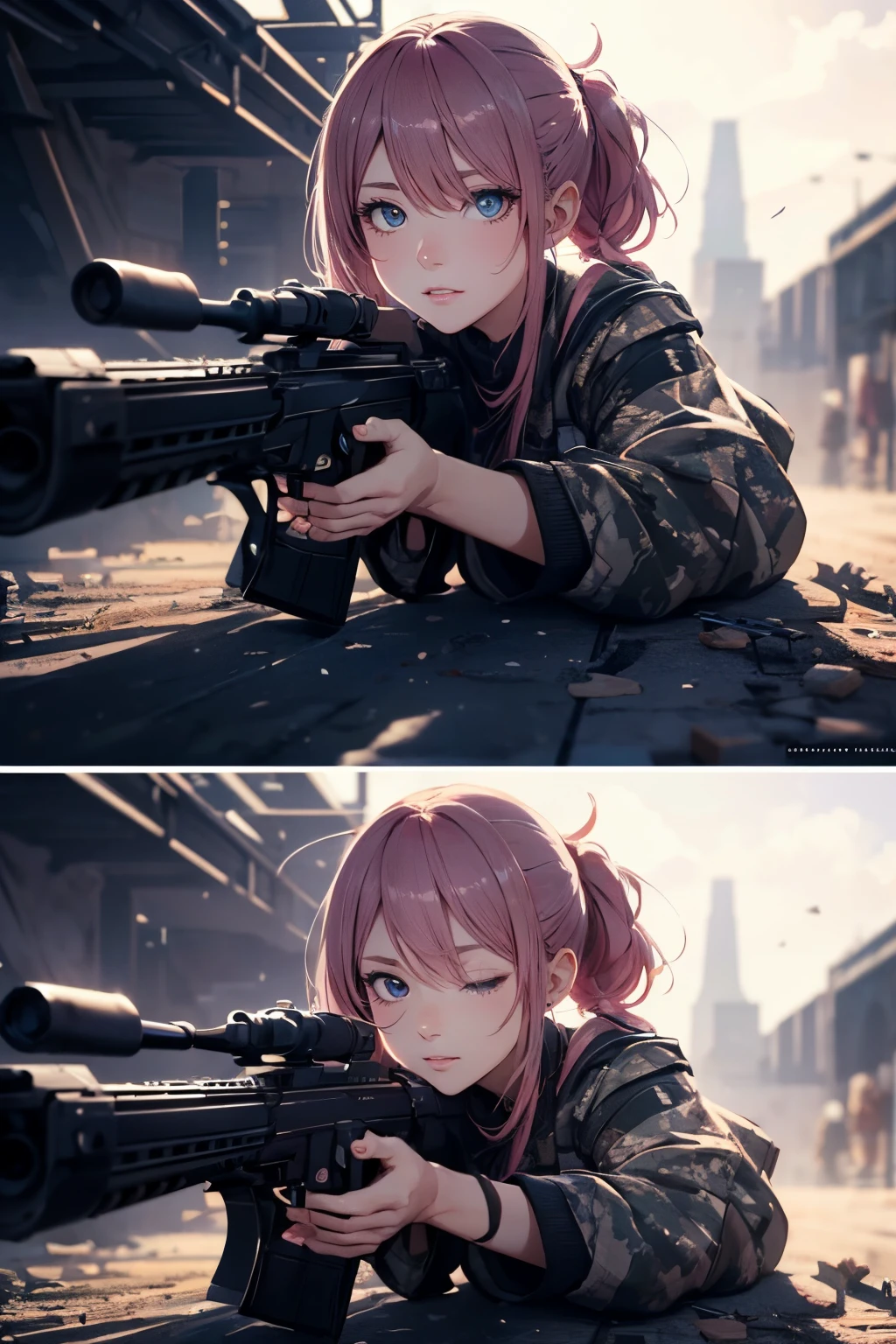 A woman with a gun laying on the ground in front of a building - SeaArt AI