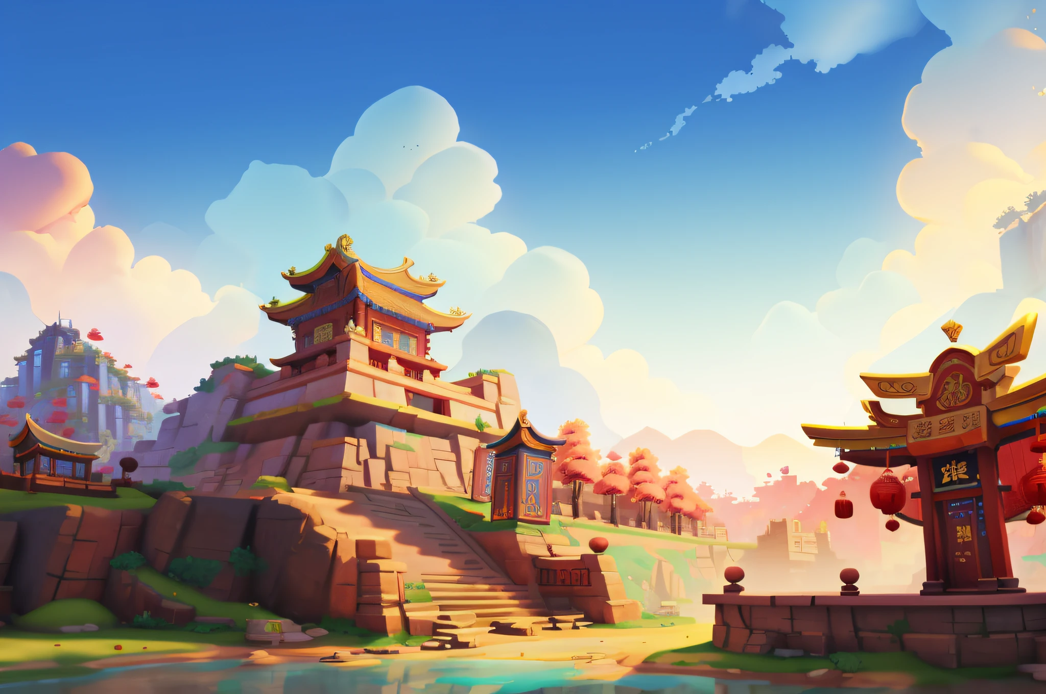 Chinese ancient city tower landscape, Background with, background artwork, G Liulian art style, arte de fundo, game background, palace background, Background depicting the tower, artistically, Background image, onmyoji detailed art, Wallpapers,