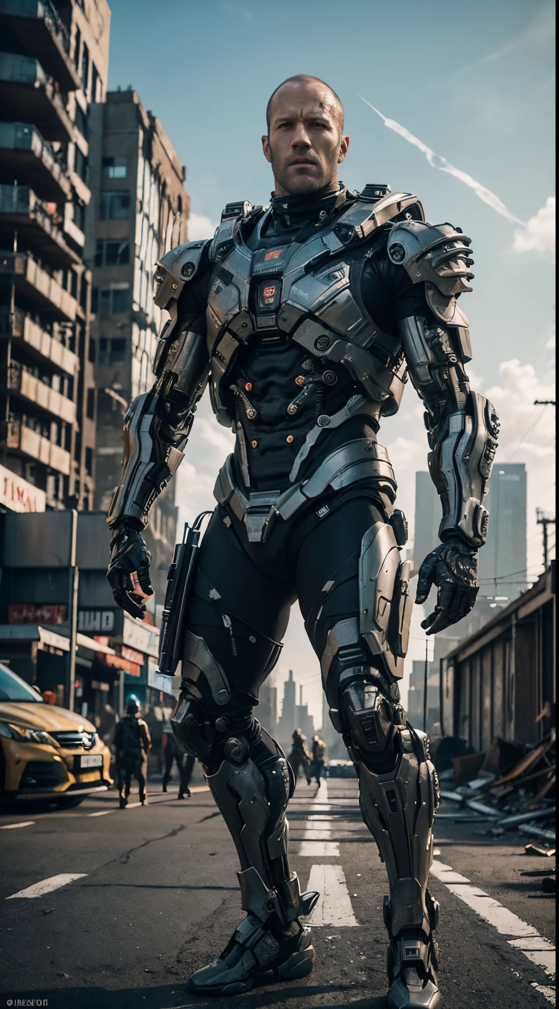 Jason Statham plays the gray and black mecha action hero,Cyberpunk style wearing futuristic battle suit with tactical gear in movie action movie scene,The ruins of an apocalyptic city are in the background,Firesmoke,real rendering,Shooting action, cinematic Film still from, Very meticulous, tmasterpiece, 8K, HighDynamicRange, Hyper-Resolution,