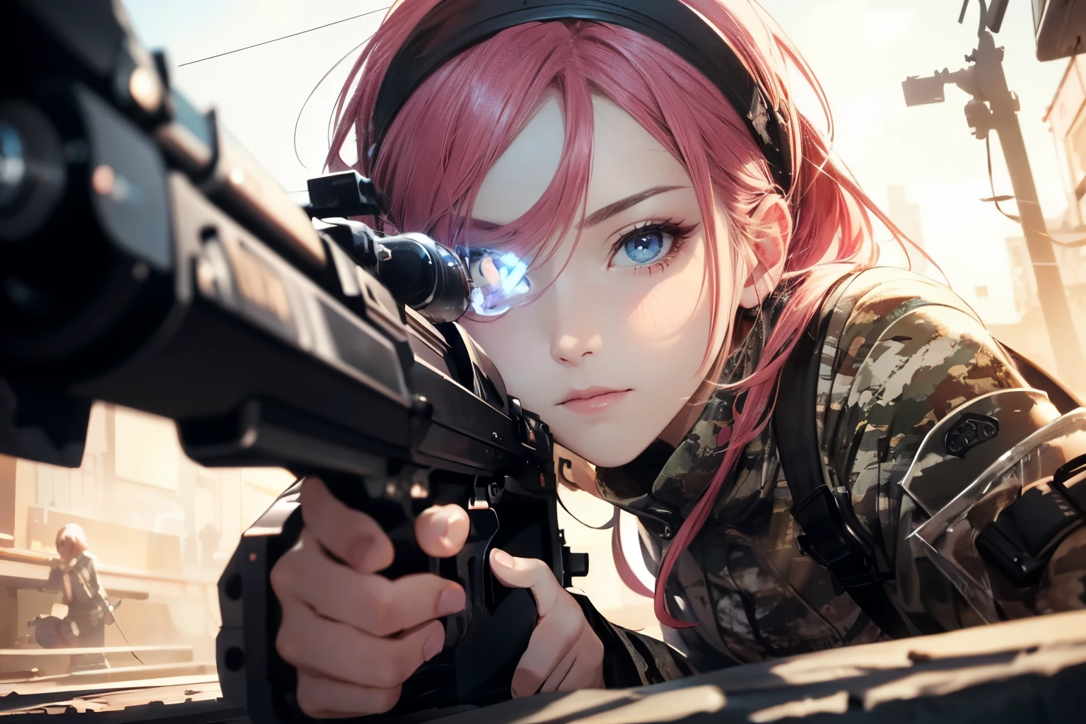 (masterpiece), (best quality cowboy_shot), 1female aiming with a rifle, long_ponytail pink color hair, one eye on the rifle_scoop, wearing camo clothes, lying on ground, detailed beautiful eyes, detailed gorgeous face, perfect anatomy, very cute, dynamic pose, perfect shading, dramatic lighting, rendered in 8K resolution for high-quality detail, concept art, smooth, sharp focus, illustration, highly detailed, soft natural volumetric, cinematic perfect light, intricate details, PIXIV, krenzcushart,