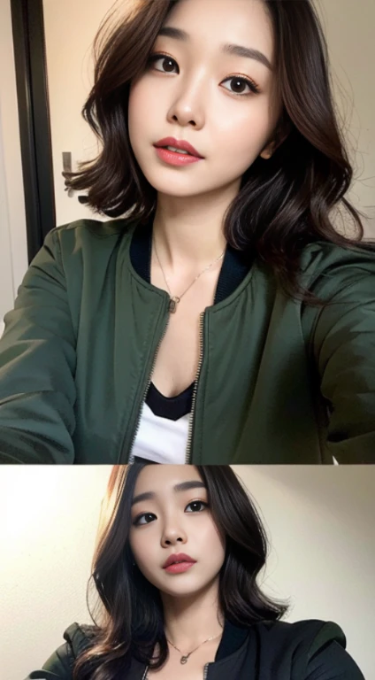 A woman with the same face as last time,1Man Woman、Slender Abs、Loose wavy styling、Please express it beautifully in every detail...、bomber jacket, Including face and skin texture.,Detailed eyes,Seducting look、full body Esbian