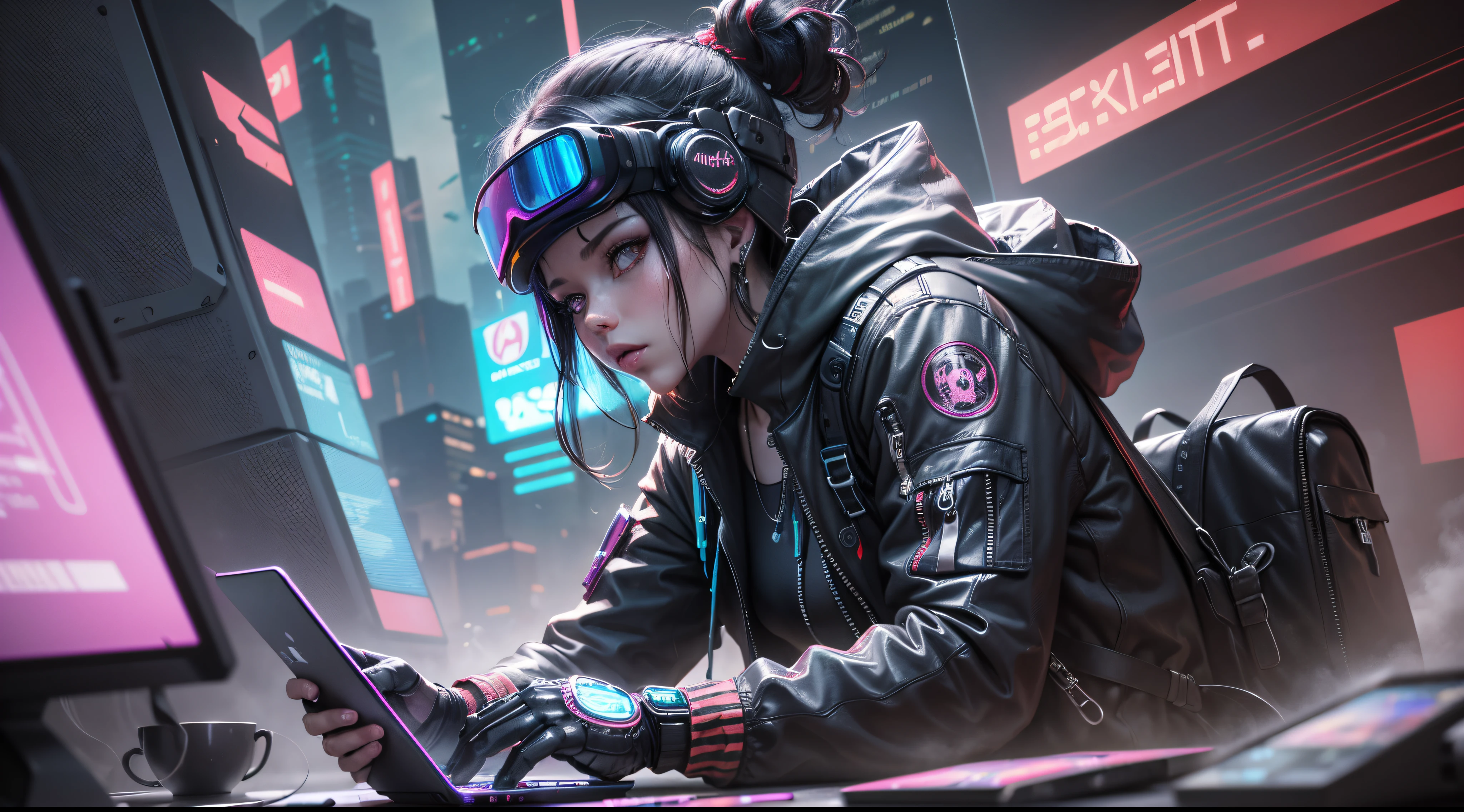 Illustration of a cyberpunk hacker in a virtual reality environment, surrounded by holographic code, interfaz de usuario futurista, y paisajes virtuales, Estilo de arte surrealista cyberpunk, Influenciado por el anime Deviantart y Ghost in the Shell., camera: Pov, lente: Lente de realidad aumentada, Estilo de renderizado: Isometric assets, 4k-resolution, (((cyberpunk))) --auto --s2