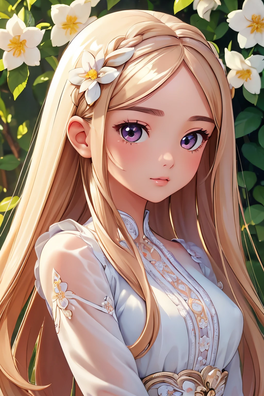 (masterpiece, best quality:1.4)best quality, high detail, (detailed face), detailed eyeeautiful, aesthetic, perfect, delicate, intricate:1.0),1 girl, kawaii, very long hair, soft ((glossy eyes)), sparkles, flowers, nature