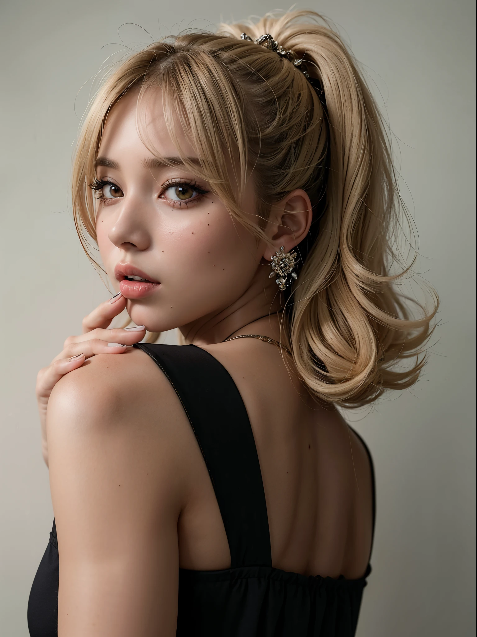 Arafed Mujer con una flor en el pelo posando para una foto, flequillo rizado y cola de caballo, cabello rubio con cola de caballo, Irina Nordsol Kuzmina, con flequillo, con flequillo completo, Lalisa Manobal, Una chica con cabello rubio, Belleza asombrosa, Cola de caballo corta, cabello rubio con coletas, flequillo esponjoso, cabello rubio. Cola de caballo
