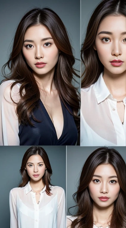 A woman with the same face as last time,1Man Woman、Slender Abs、Loose wavy styling、Please express it beautifully in every detail.、Chiffon blouse, Including face and skin texture.,Detailed eyes,Seducting look、full body Esbian