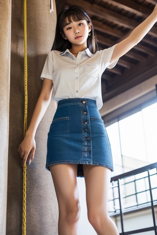 An ultra-high picture quality、Perfect Photo、14Old Beautiful Girl、Japan beautiful girl、Female college student、light skinned、slender、Beautuful Women、(((The shirt)),((Denim Mini Skirt))、Raised mini skirt、Climbing a stepladder、