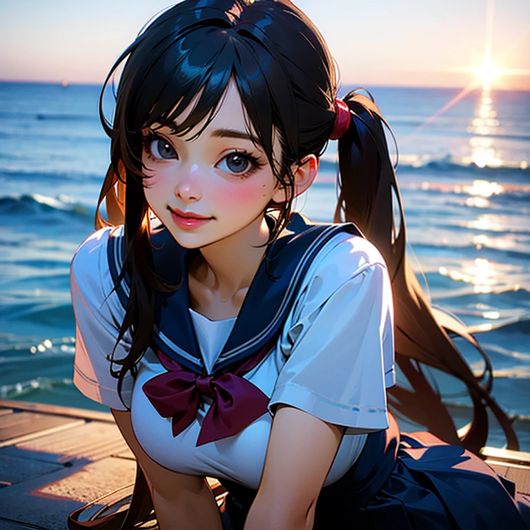1woman, big breasts, school uniform, big breasts, posing, happy, sea, sunlight, cute, sexy, young, twintails, very long hair, best quality, ultra high res, (photo realistic:1.4),