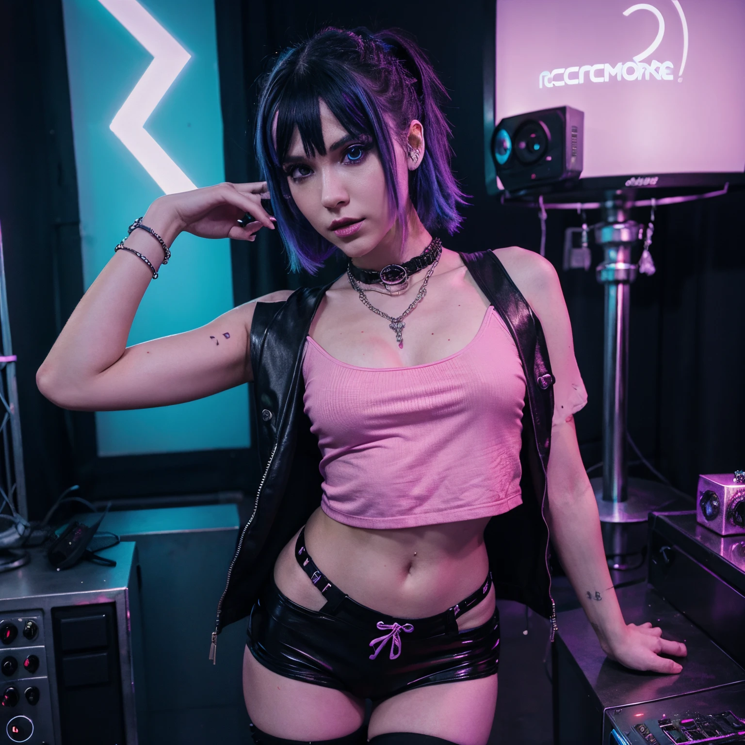 Techno Music, House Music, Dancing Girl, DJ Girl, Realistic, High Definition, Black Lace Up Shorts, Bondage Fashion, Tattoo, Piercing, Blood, Live Music, Class, Nightclub DJ, Dancing Inspired, Looking At Camera, Smiling, Wide shooting, cinema lens, skin glowing, lots of customers in a dancing frenzy,