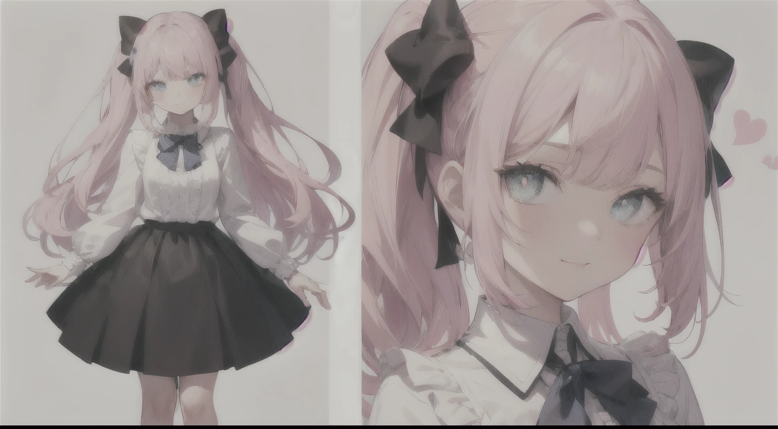 masterpiece, best quality, intricately detailed,
1girl, solo, idol, detailed beautiful face, slim, cute, innocent, kindly, smile, big eyes, blue eyes, heart-shaped_pupils, looking at viewer, detailed long hair, pink hair, bangs, bow, pony tail, hair bow, heart, skirt, shirt, long sleeves, frills, shoes, bowtie, pink shirt, arms behind back, perfect anatomy, full body,
simple background, pink background,