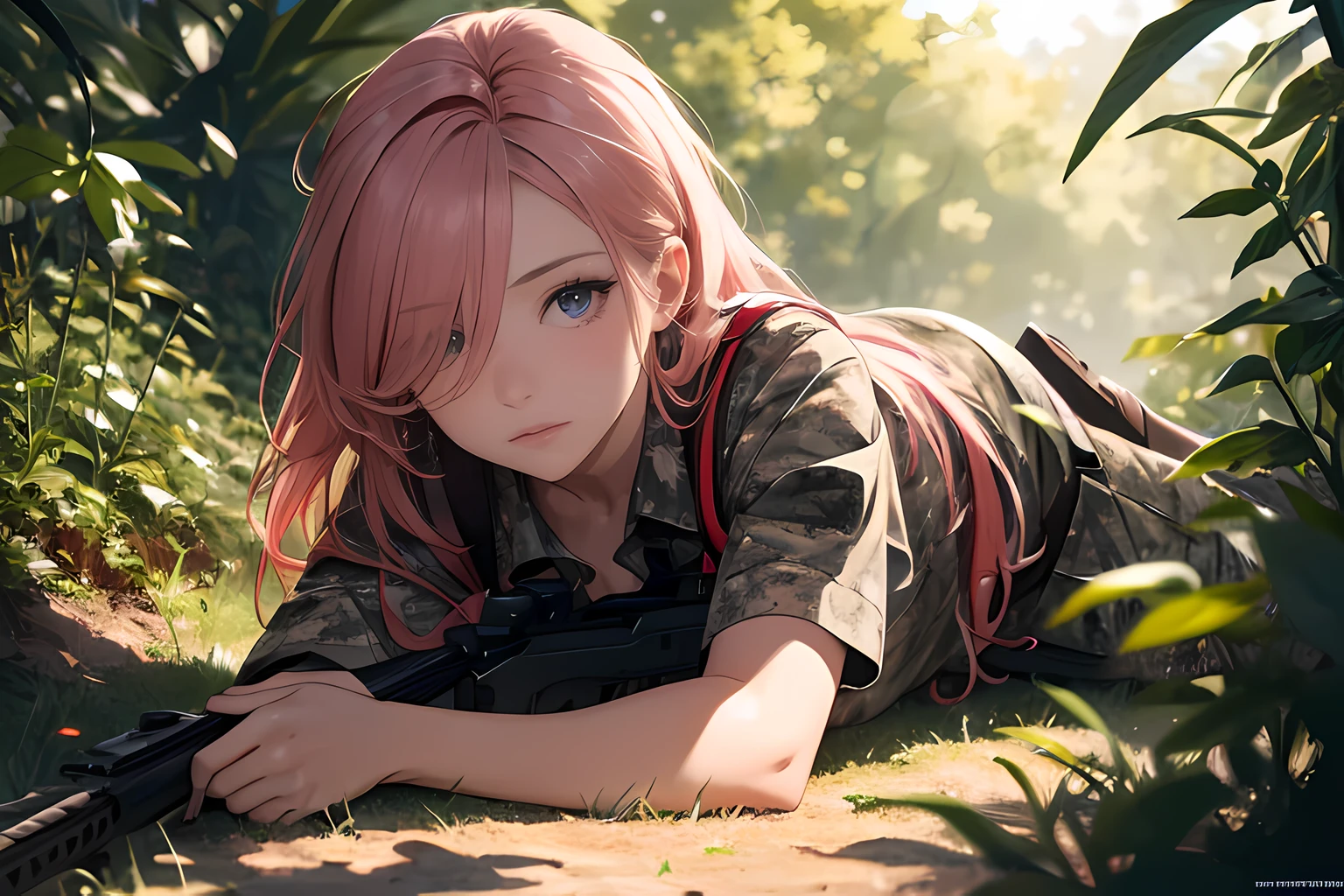 (masterpiece, best quality, detailed), 1girl, solo, looking at viewer, 
<lora:fastfood_wendys:0.95>, ffwendys, twin braids, hair bow, <lora:camouflage_uniform04:0.5>, wearing camouflage_uniform, outdoors, forest, nature, grass, tree, flower, leaf, night, dark, squatting, evil smile