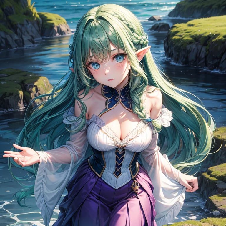 ( detailed face) mermaid Single female with legs. (Dark green) wavy hair( braided ). Standing up (facing forward). Blue eyes. White purple clothes