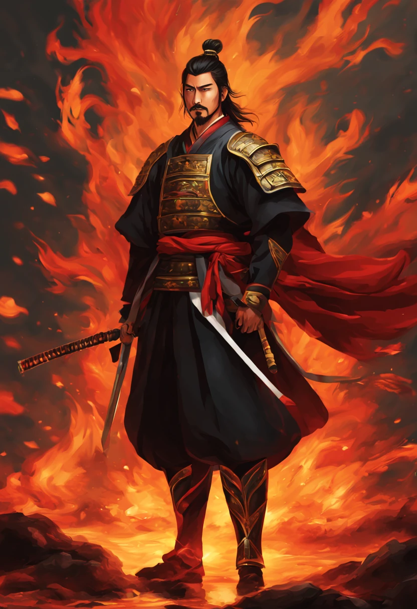 Flame background,A young Japanese Oda Nobunaga is standing,handsome man,Art style,Best Quality,