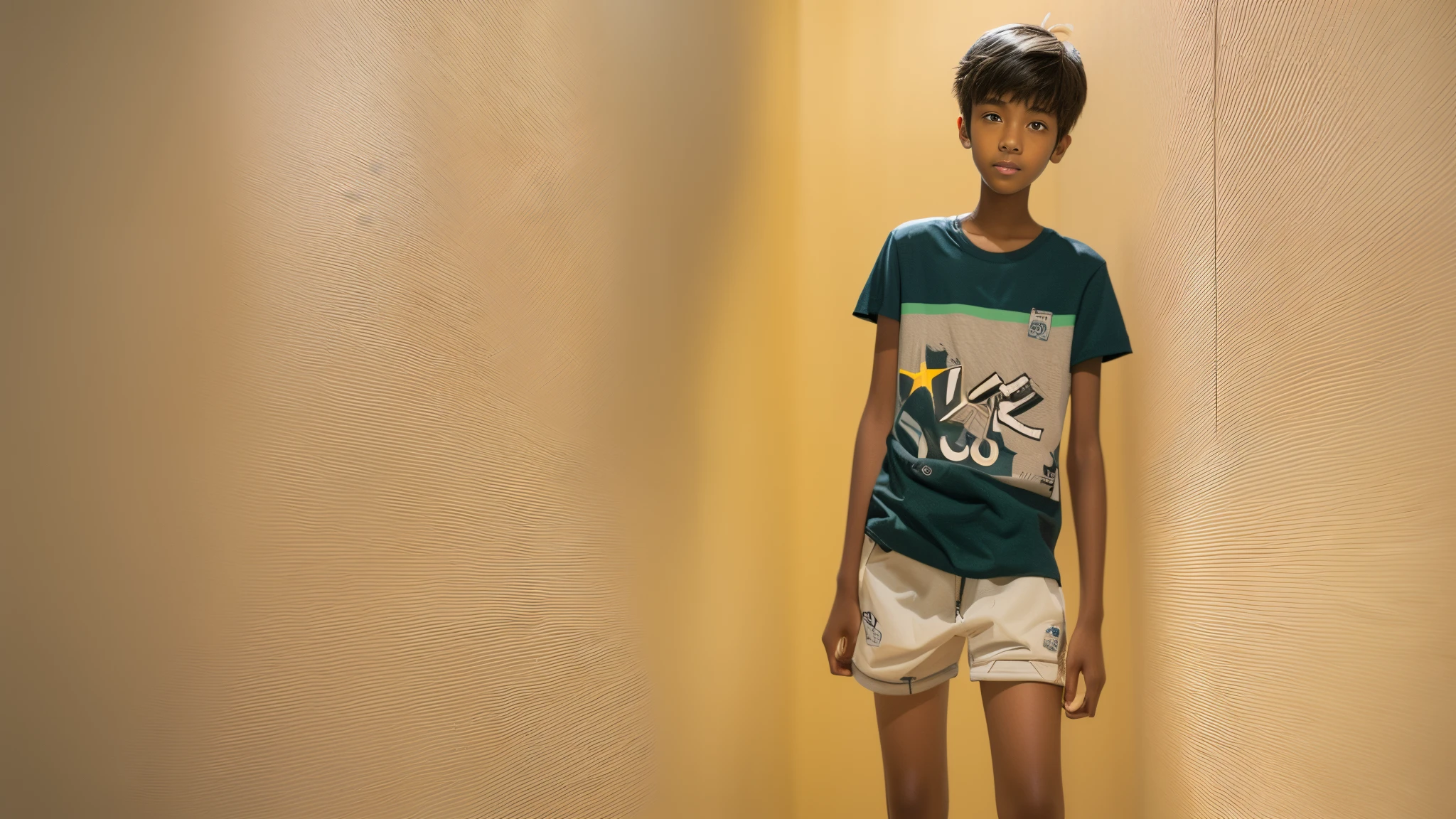 14 year old boy,Wheat-colored skin,shorter pants ,tee shirt,largeeyes,Short hair details,tall and lanky skinny,Full body photo,A junior high school student,Grinning