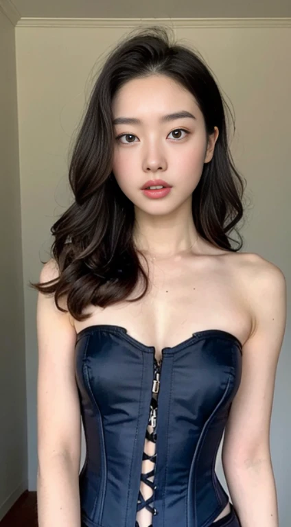 A woman with the same face as last time，１Man Woman、Slender Abs、Loose wavy styling、Please express it beautifully in every detail...corset top, Including face and skin texture.，Detailed eyes，Seducting look、full body Esbian