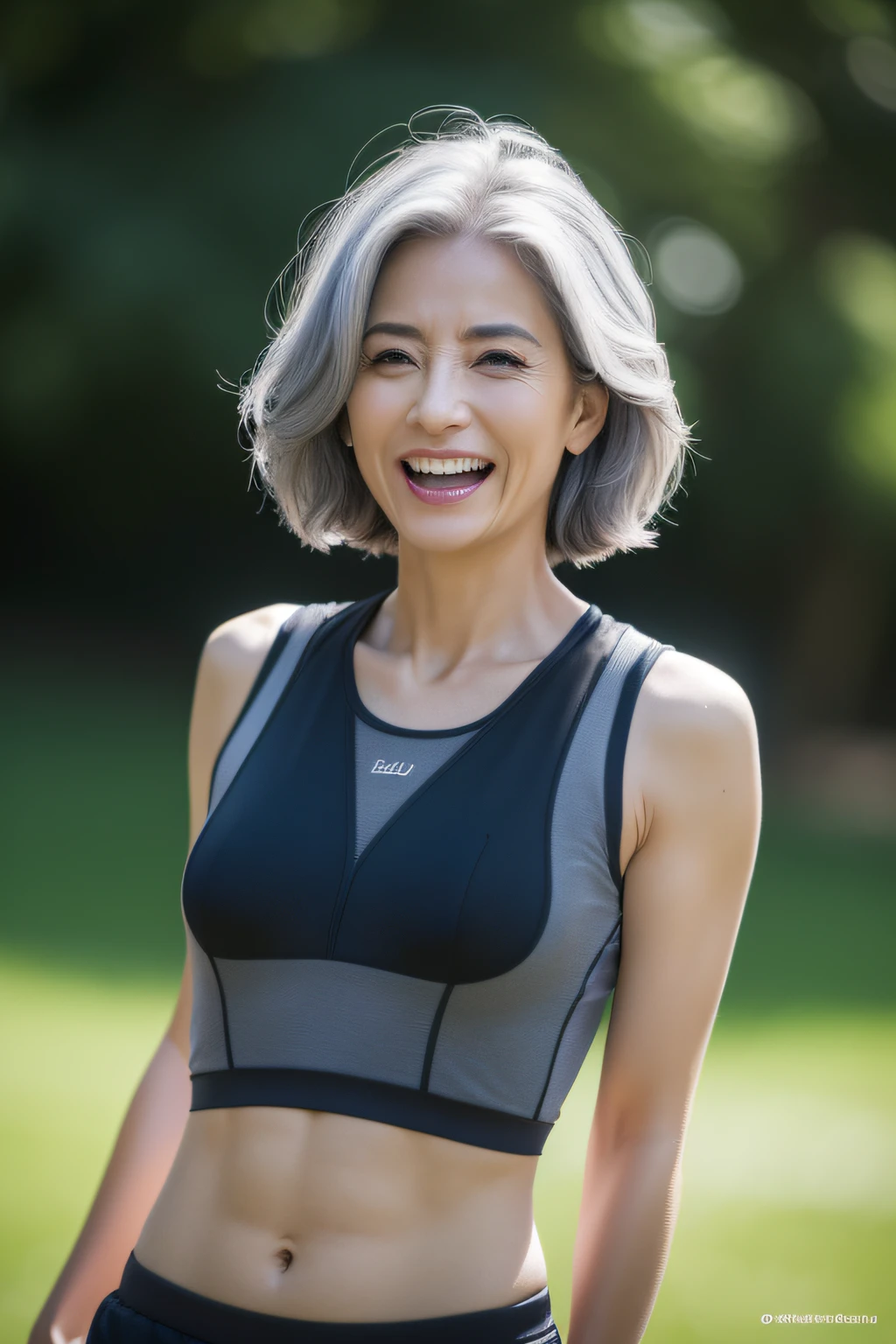 (femele),(aged 40),((Luzes Realistas,,Best quality at best, 8K, tmasterpiece:1.3)), (((whaite hair))),(((40-year-old woman))),(((with wrinkles on his face,The face has details))),(((黑The eye,Laughter))),(((Leaky belly button,There are abs))),lock focus:2.0, perfect body figure,sport,The face delicate,(Sleeveless sports vest),natta,Ultra-fine face,largeeyes,二重まぶた